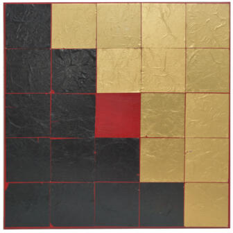 #Nobody Is Perfect_Black/Gold & Red# 2021 60 x 60cm Papier und Acrylfarbe auf Leinwand