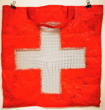 #Rettet sich wer kann# 2020 44 x 41cm Plastiktragtasche, Acrylfarbe und Metal